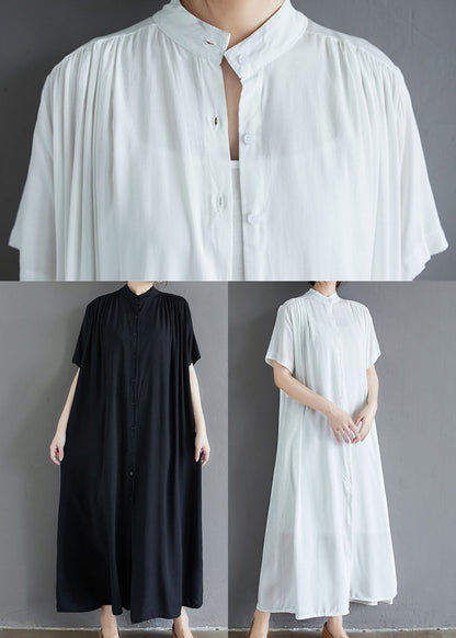 French Black Stand Collar Oversized Cotton Long Dress Summer Ly1505