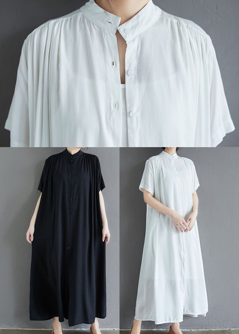 French Black Stand Collar Oversized Cotton Long Dress Summer Ly1505