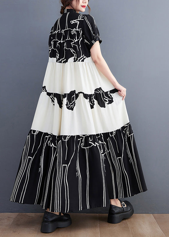 French Black Stand Collar Print Patchwork Long Dress Short Sleeve Ac2066
