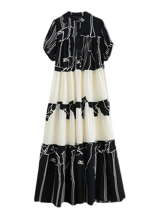 French Black Stand Collar Print Patchwork Long Dress Short Sleeve Ly0642