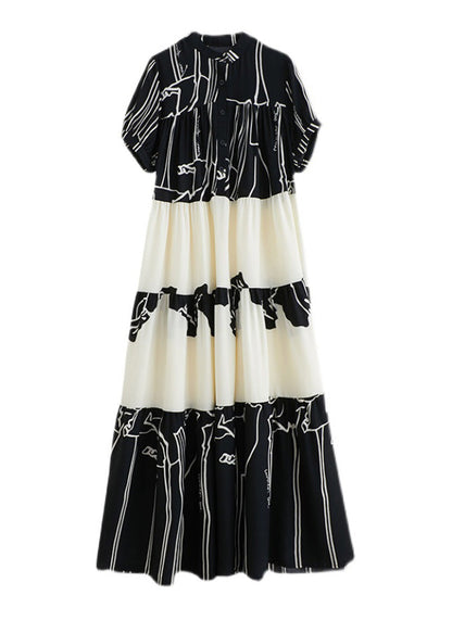 French Black Stand Collar Print Patchwork Long Dress Short Sleeve Ly0642