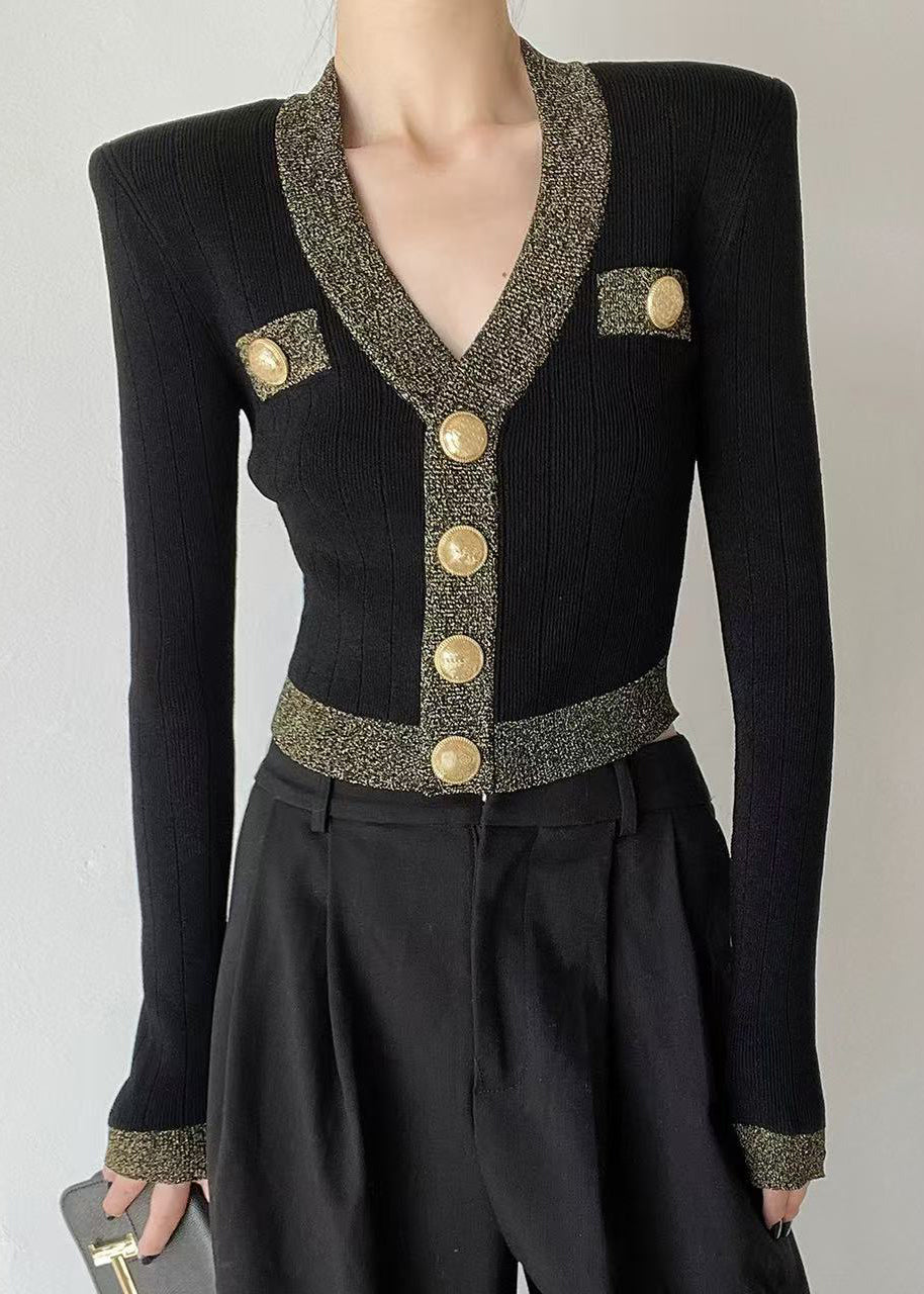 French Black V Neck Button Short Woolen Cardigan Spring Ty028