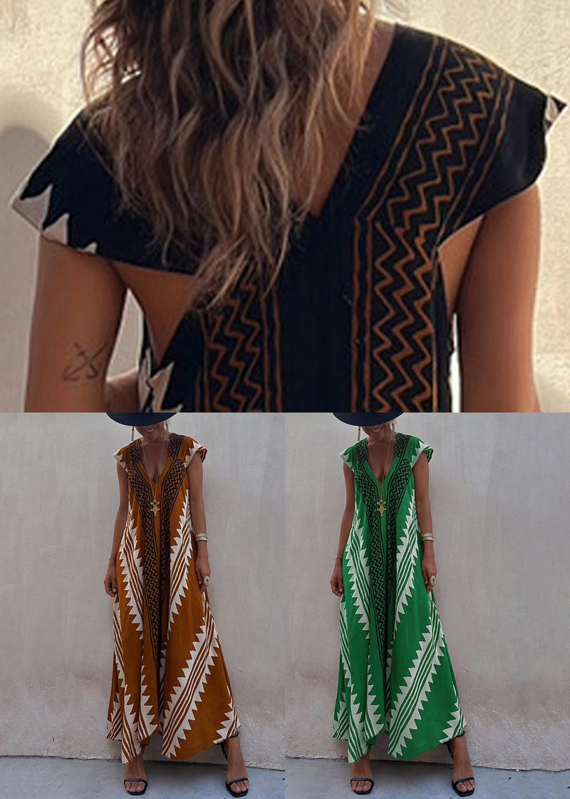 Green Print Chiffon Long Dress Asymmetrical Summer Tl021