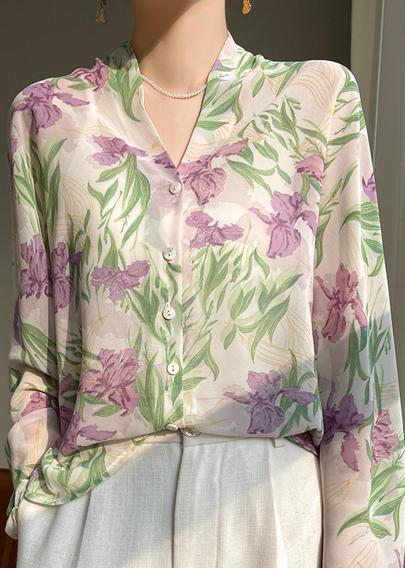 French Black V Neck Print Button Chiffon Blouse Fall Ab1005