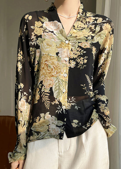 French Black V Neck Print Button Chiffon Blouse Fall Ab1005