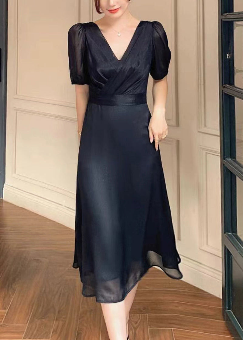 French Black V Neck Silk Long Dresses Summer Xx003