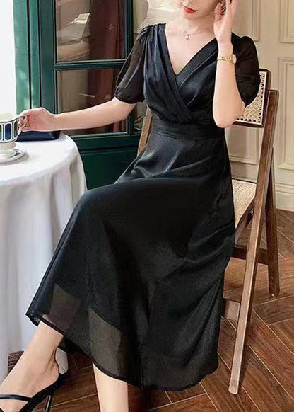French Black V Neck Silk Long Dresses Summer Xx003