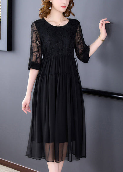 French Black Wrinkled Lace Up Chiffon Long Dress Half Sleeve Op1008
