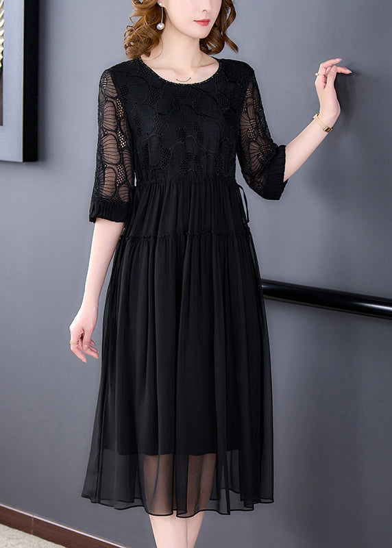 French Black Wrinkled Lace Up Chiffon Long Dress Half Sleeve Op1008
