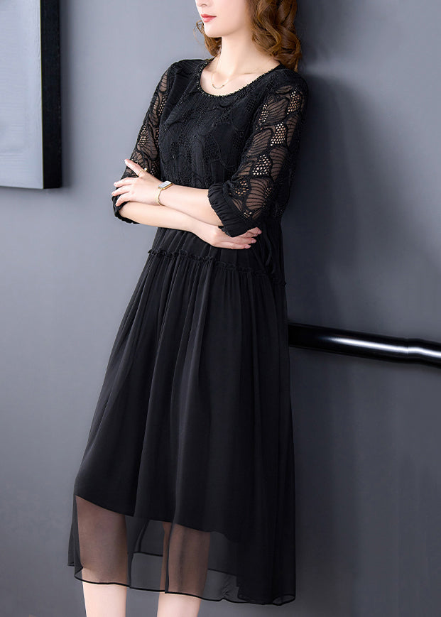 French Black Wrinkled Lace Up Chiffon Long Dress Half Sleeve Op1008