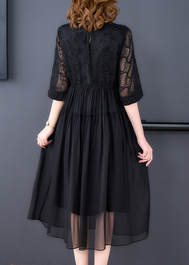 French Black Wrinkled Lace Up Chiffon Long Dress Half Sleeve Op1008
