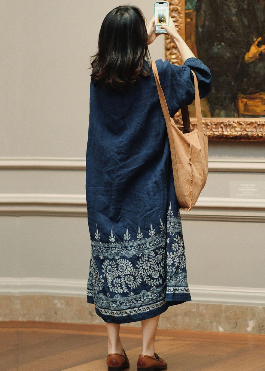 French Blue Button Print Maxi Dresses Long Sleeve Mn054