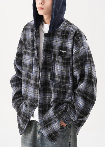 Cotton Button Hooded Blue French Coats Plaid Spring