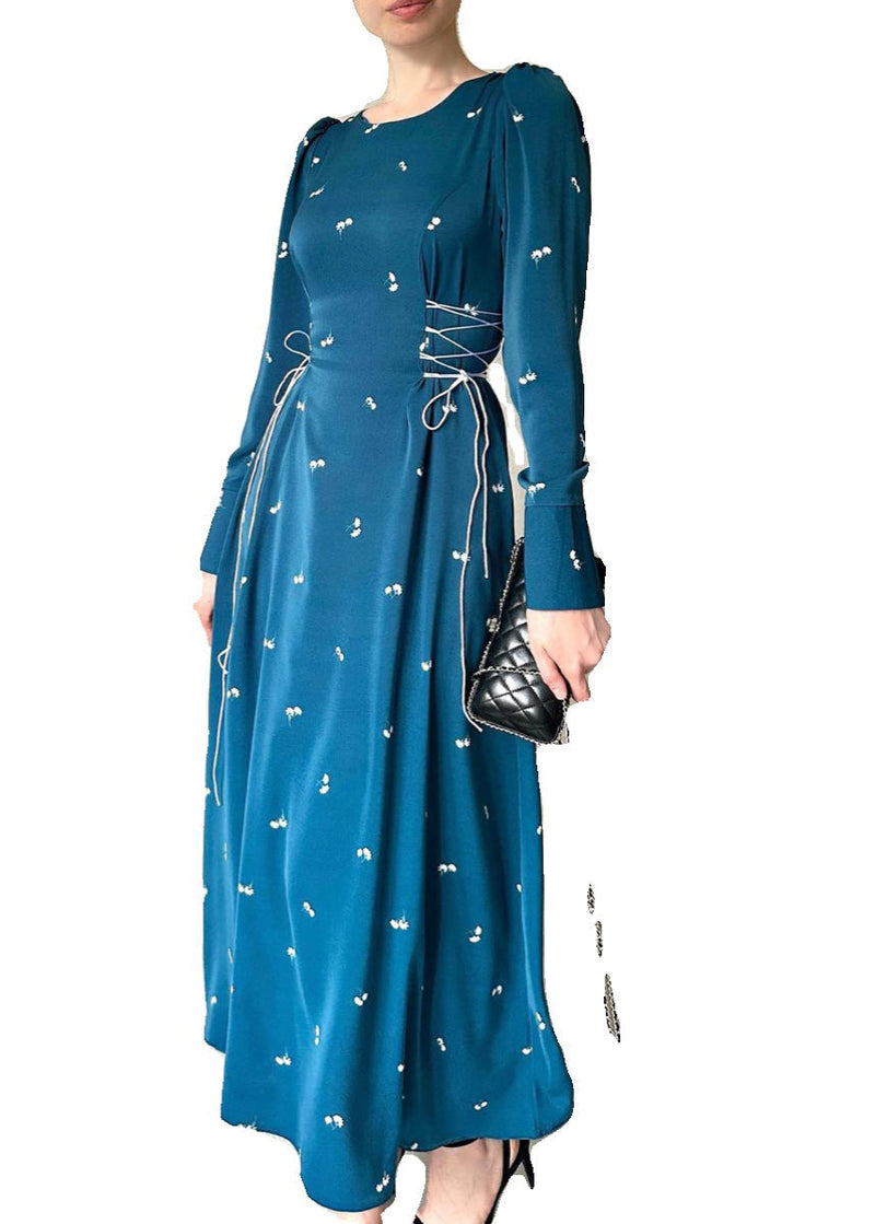 French Blue Lace Up Print Cotton Long Dresses Fall Wo047