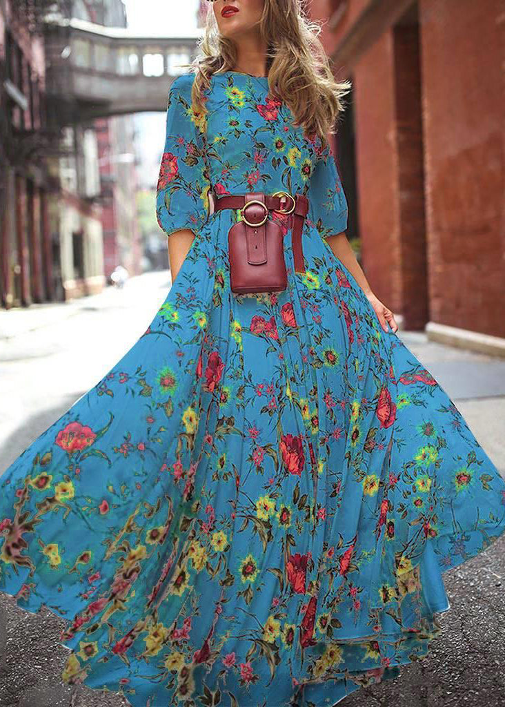 French Blue O-neck Print Chiffon Long Dresses Half Sleeve Ww1045