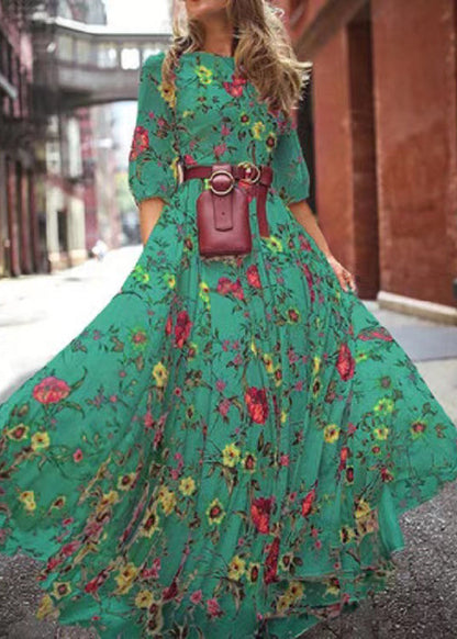 French Blue O-neck Print Chiffon Long Dresses Half Sleeve Ww1045