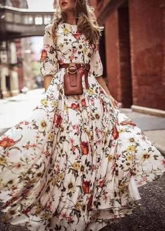 French Blue O-neck Print Chiffon Long Dresses Half Sleeve Ww1045