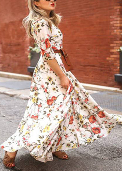 French Blue O-neck Print Chiffon Long Dresses Half Sleeve Ww1045
