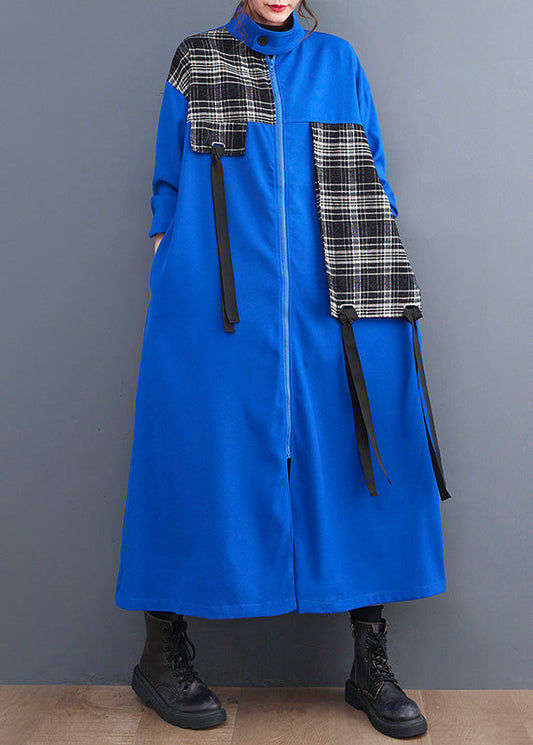 French Blue Peter Pan Collar Plaid Patchwork Zippered Long Trench Coats Ac2073