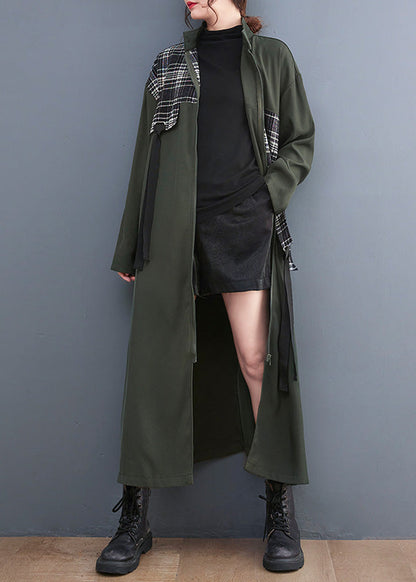 French Blue Peter Pan Collar Plaid Patchwork Zippered Long Trench Coats Ac2073