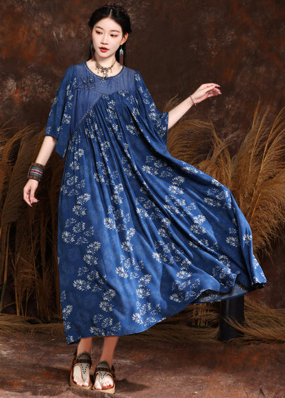 French Blue Print Wrinkled Denim Long Dress Half Sleeve Mn066