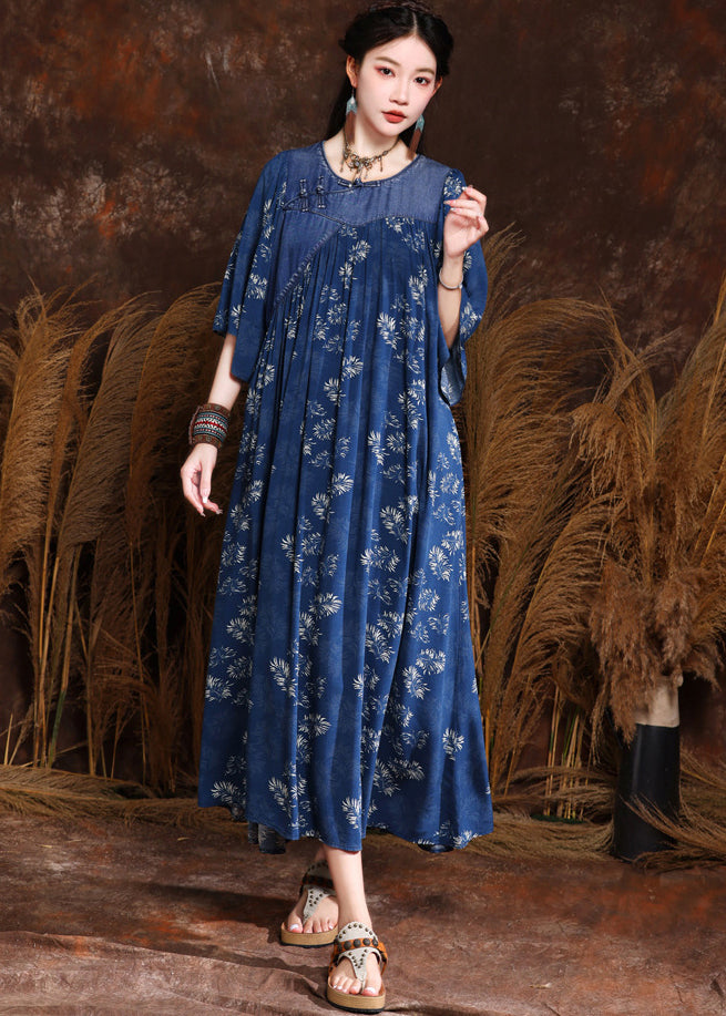 French Blue Print Wrinkled Denim Long Dress Half Sleeve Mn066