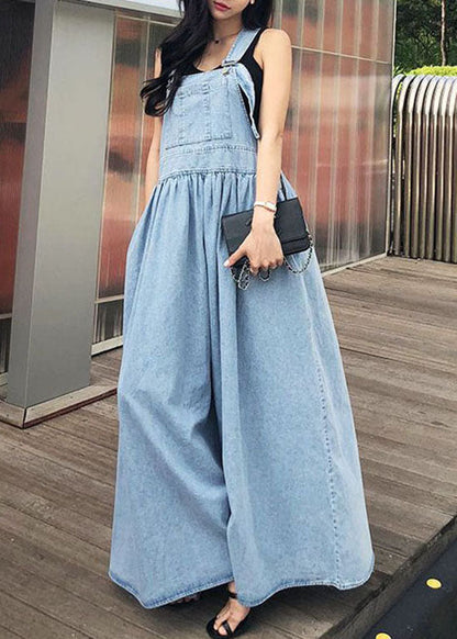 French Blue Wrinkled Patchwork Denim Long Dress Sleeveless Ly1340
