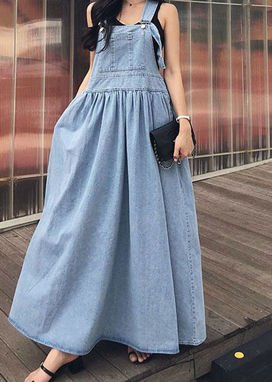 French Blue Wrinkled Patchwork Denim Long Dress Sleeveless Ly1340