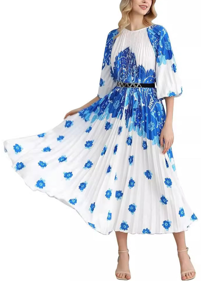 French Blue Wrinkled Print Cotton Long Dress Au1020