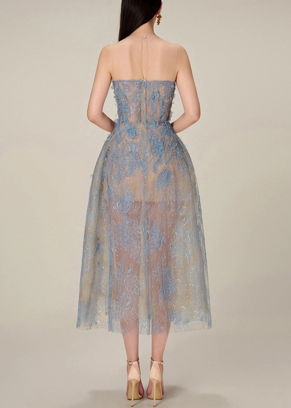 French Blue Zippered Lace Sequins Tulle Long Dress Sleeveless Kk016