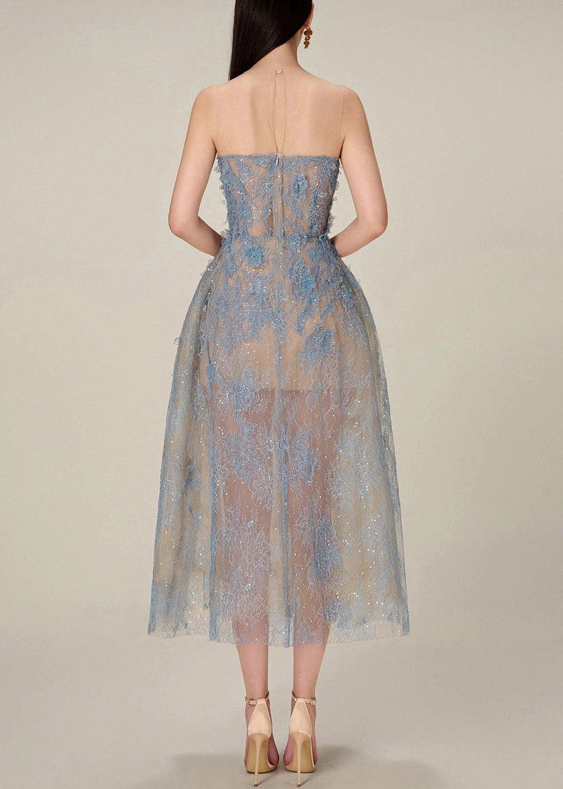 French Blue Zippered Lace Sequins Tulle Long Dress Sleeveless Kk016