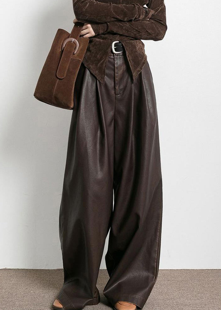 French Brown Pockets High Waist Faux Leather Pants Fall Aw1013