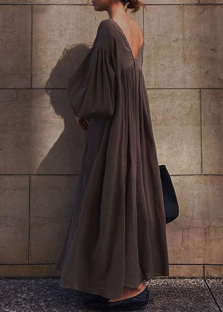 French Brown V Neck Backless Lace Up Cotton Long Dress Lantern Sleeve Ly1368