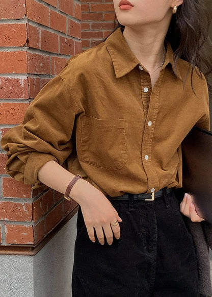 French Caramel Button Pockets Patchwork Cotton Blouse Fall Tu019