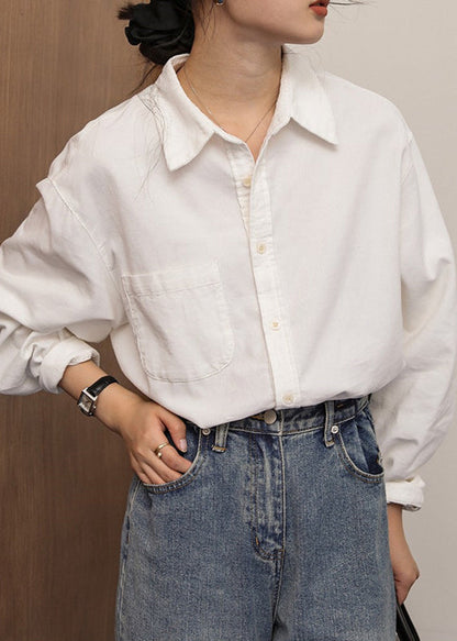 French Caramel Button Pockets Patchwork Cotton Blouse Fall Tu019