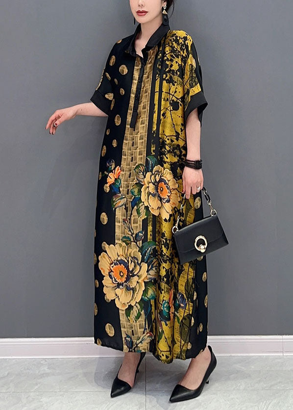 French Colorblock Peter Pan Collar Print Silk Maxi Dresses Summer Ly1590