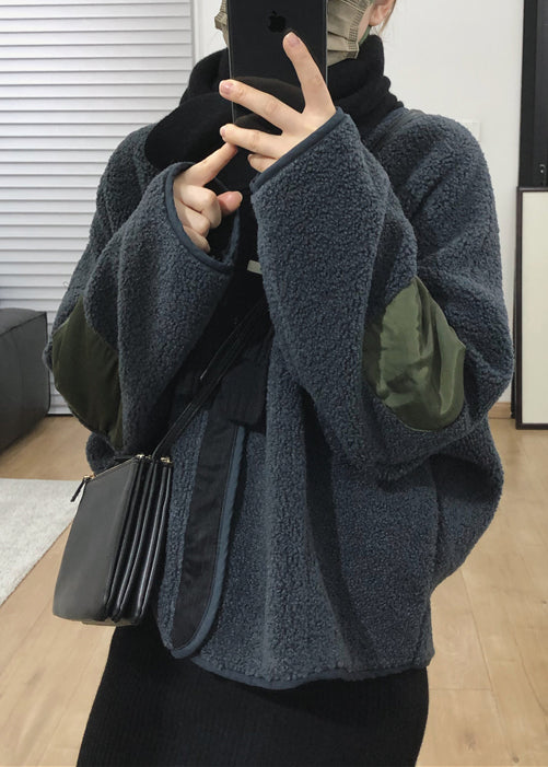 French Dark Gray Zippered Patchwork Teddy Faux Fur Coats Winter Tu018