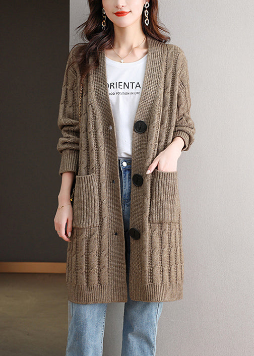 French Dark Khaki V Neck Button Wool Knit Cardigan Fall Qs013