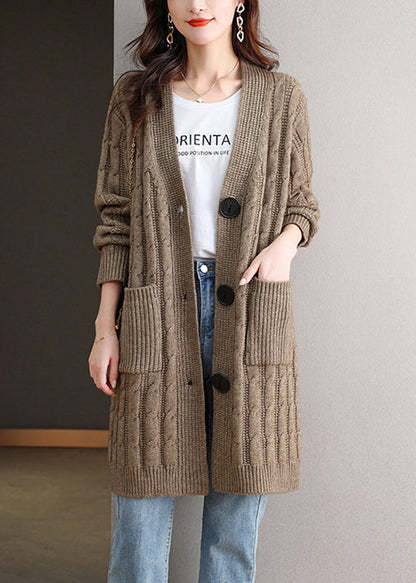 French Dark Khaki V Neck Button Wool Knit Cardigan Fall Qs013