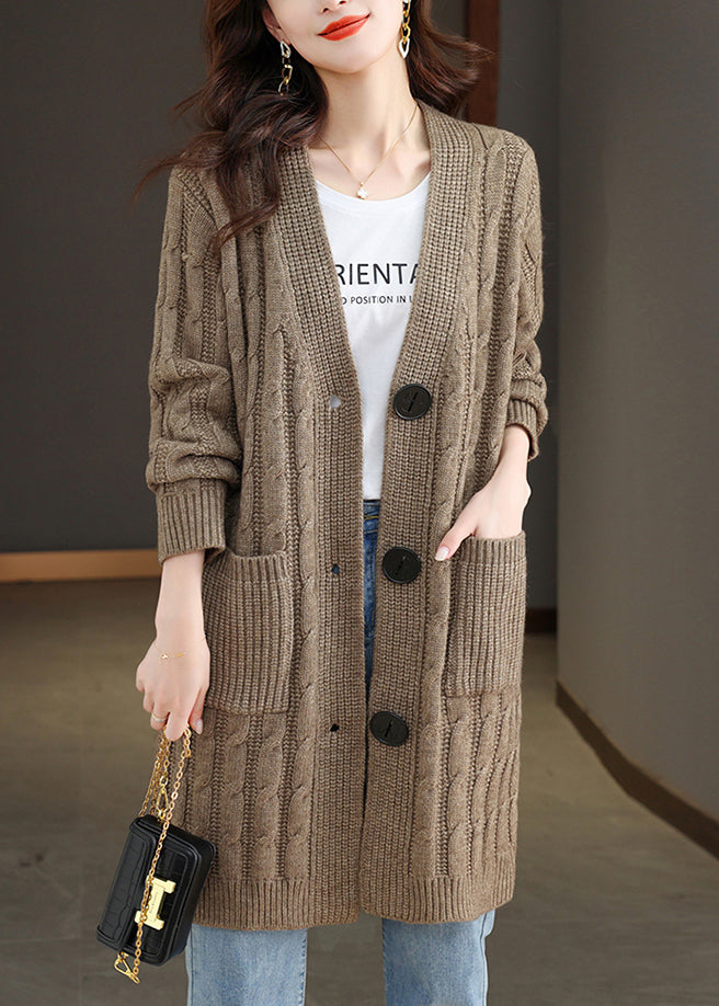 French Dark Khaki V Neck Button Wool Knit Cardigan Fall Qs013