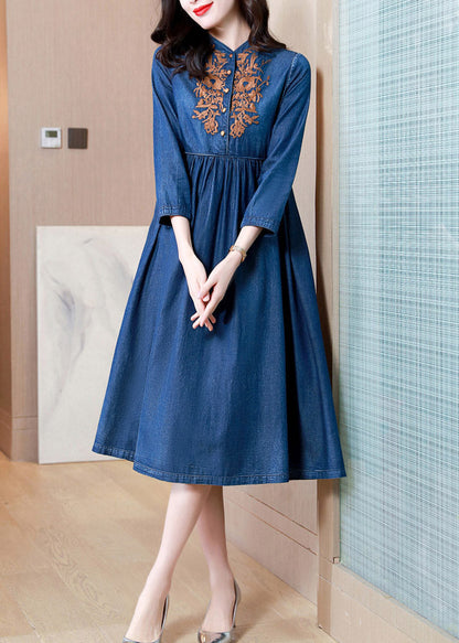 French Denim Blue V Neck Embroideried Patchwork Elastic Waist Cotton Long Dresses Spring Ac2022