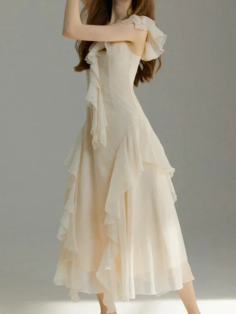 French Ruffles Midi Dress Summer New Sleeveless V-neck Holiday Beach Style A-line Party Prom Robe Vestido Mujer