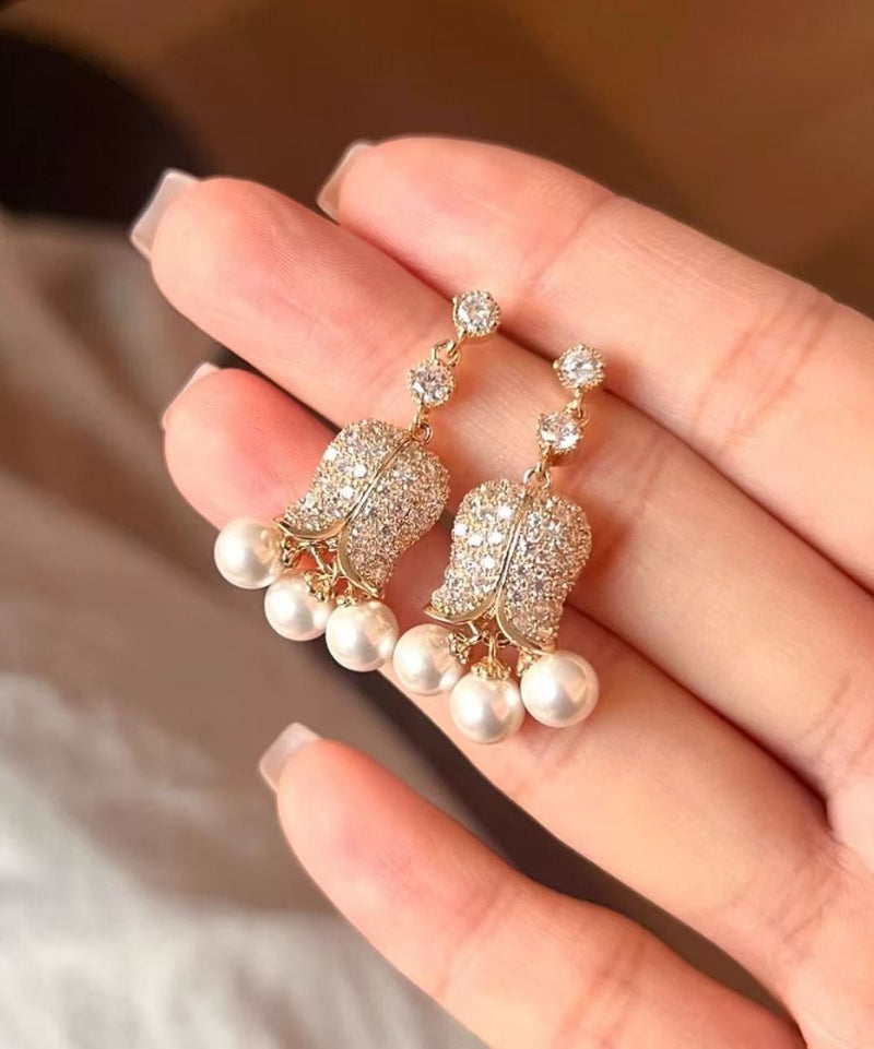 French Gold Copper Overgild Zircon Pearl Lily of the Valley Drop Earrings