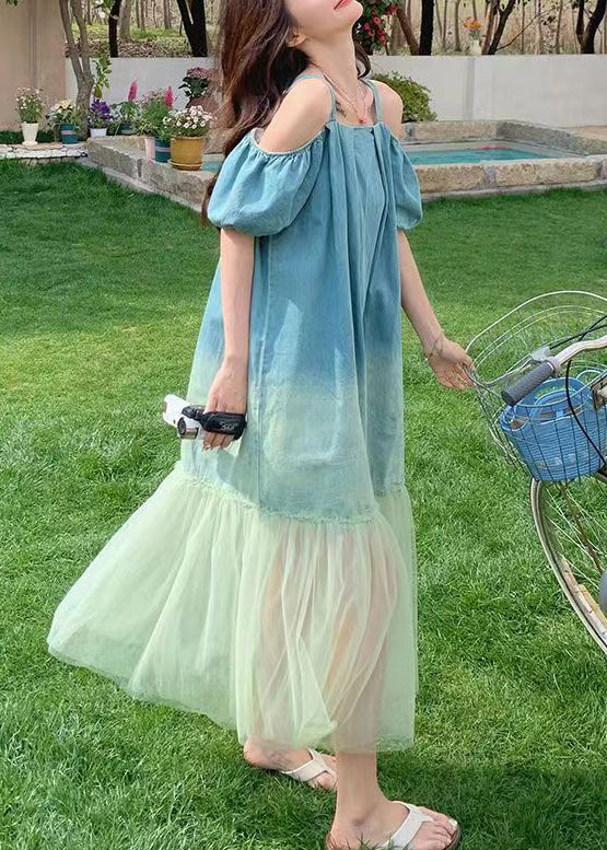 French Gradient Color Tulle Patchwork Long Dresses Summer Xx004