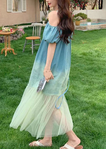 French Gradient Color Tulle Patchwork Long Dresses Summer Xx004