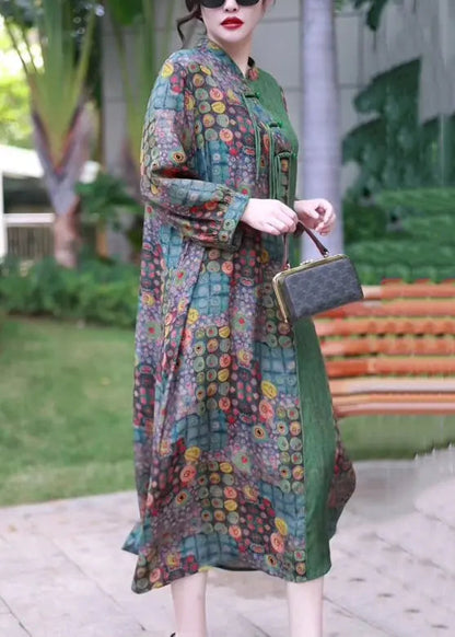 French Green Button Print Patchwork Silk Long Dress Spring Cg1020