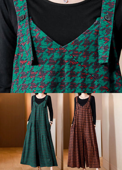 French Green Oversized Print Cotton Overalls Jumpsuit Two Piece Set Spring Ac2005