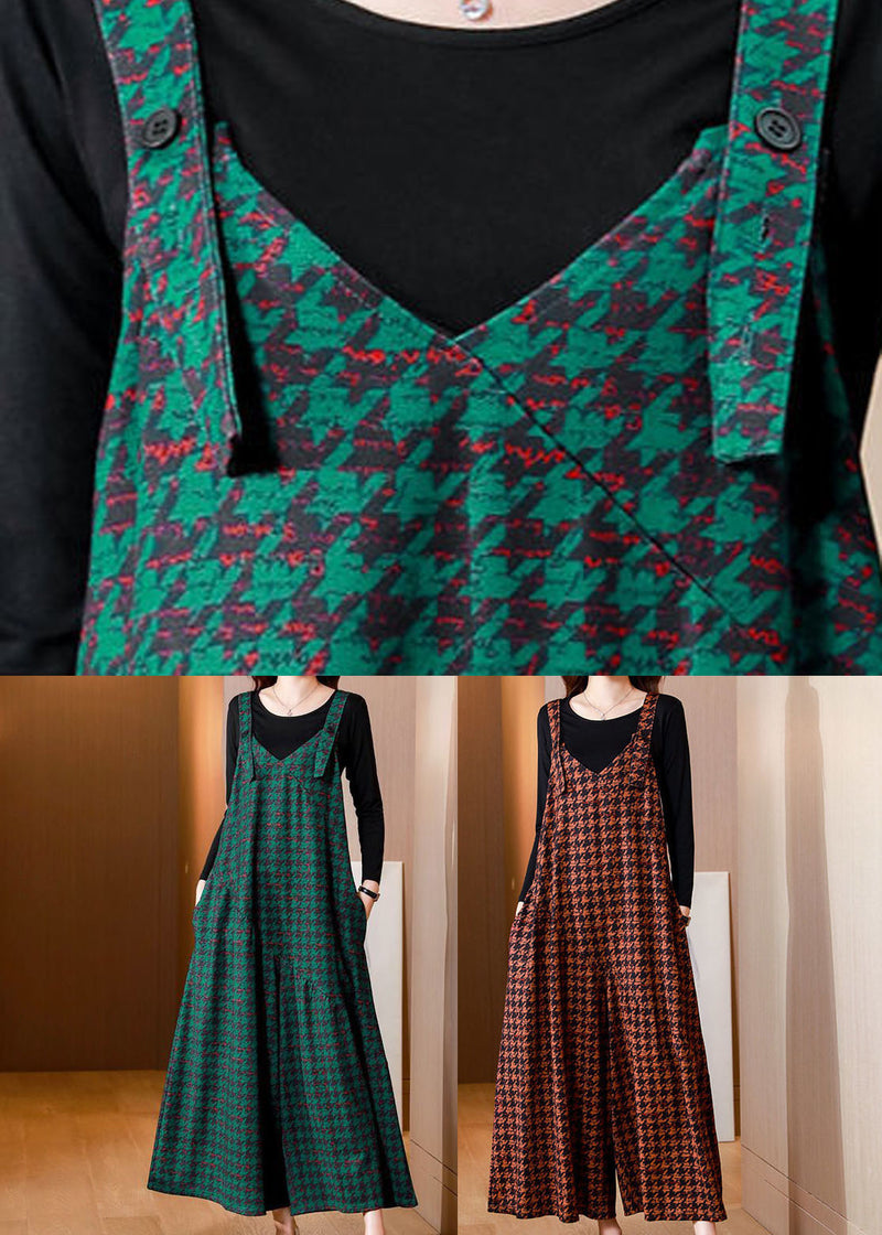 French Green Oversized Print Cotton Overalls Jumpsuit Two Piece Set Spring Ac2005