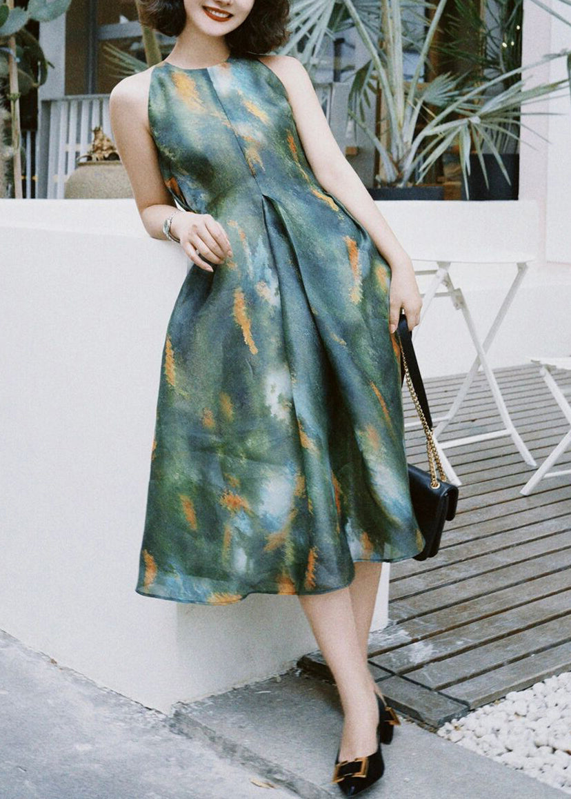 French Green Print High Waist Silk Long Dress Sleeveless Kk030
