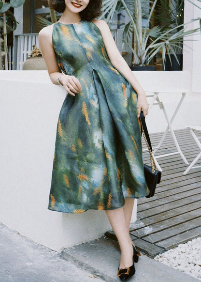 French Green Print High Waist Silk Long Dress Sleeveless Kk030